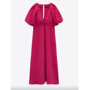 EUC Zara Pink Balloon Sleeve Fuchsia Midi Dress